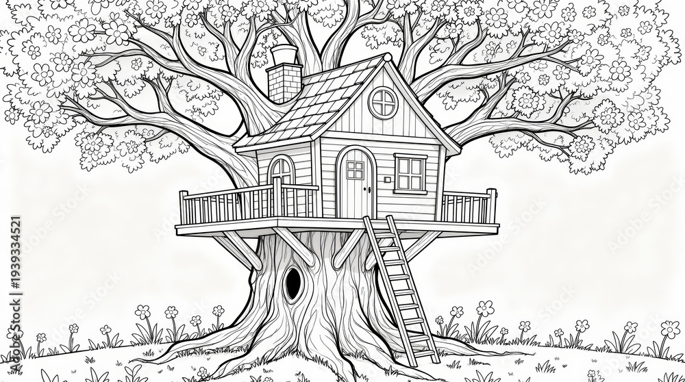 Obraz premium Intricate Black and White Line Art Drawing of a Whimsical Treehouse Perched in a Majestic Oak Tree with Detailed Branches, Invoking Childhood Dreams and Adventure