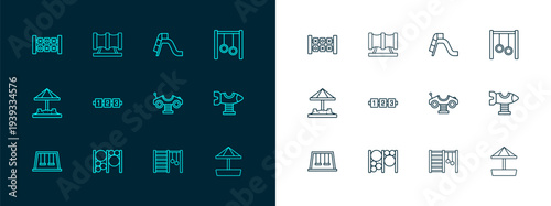 Set line Gymnastic rings, Playground climbing equipment, Swing car, Swedish wall, Education logic game, Slide playground, and Kid slide pipe icon. Vector