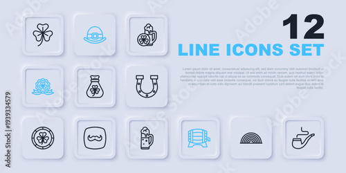 Set line Rainbow, Smoking pipe, Money bag with clover, Wooden barrel rack, Medal, Mustache, Leprechaun hat and Glass of beer icon. Vector