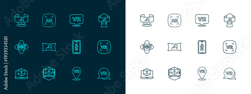 Set line Virtual reality glasses, 3d modeling, Augmented AR, Wide angle picture, 360 degree view and icon. Vector