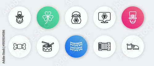 Set line Carnival garland with flags, Leprechaun, Bow tie, Accordion, Clover trefoil leaf, Pot of gold coins, boot and Drum drum sticks icon. Vector