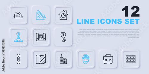 Set line Toolbox, Bricks, House plan, Builder, Crane hook, Wallpaper, Triangular ruler and pencil and City landscape icon. Vector