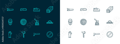 Set line Wooden beam, axe, in stump, Hand saw, Tree rings, plane tool, and Hacksaw icon. Vector