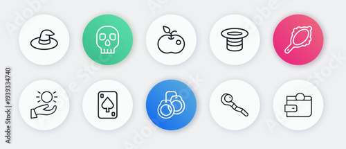 Set line Handcuffs, Magic hand mirror, Ball levitating above, staff, hat, Poison apple, Wallet and Playing cards icon. Vector