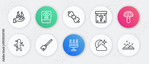 Set line Candlestick, Psilocybin mushroom, Voodoo doll, Moon stars, Mystery box, Bow tie, Magic powder and Witches broom icon. Vector