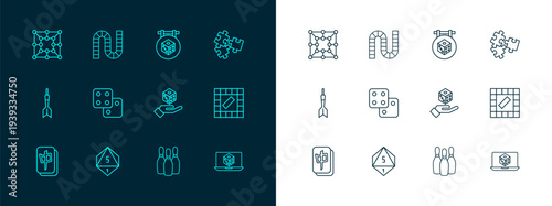 Set line Puzzle pieces toy, Game dice, Bowling pin, Board game and icon. Vector