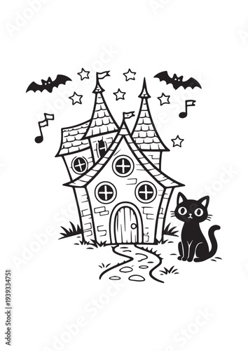 Haunted Halloween House with Black Cat and Bats – Cute Spooky Coloring Page Line Art for Kids