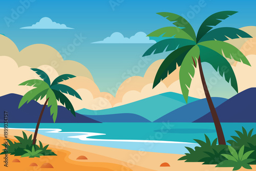 Mountain ocean landscape with palm trees