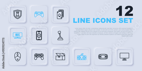 Set line Portable video game console, Computer monitor, Mobile gaming, Game controller joystick, and Chest for icon. Vector