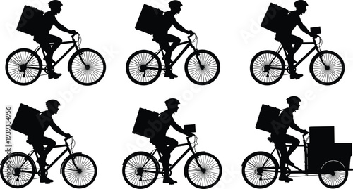 Delivery person bicycle silhouettes, courier riding bike, cargo transport outline, package figure, urban logistics design, black illustration icon