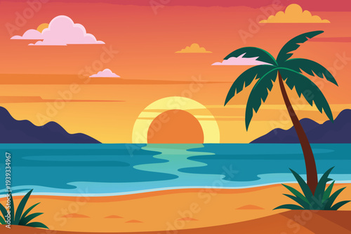 Sunset on summer beach background vector illustration.