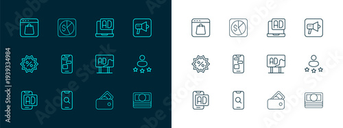 Set line Megaphone, Magnifying glass and mobile, Advertising, Wallet with money, Mobile 24 hours support, Online shopping screen and Market analysis icon. Vector