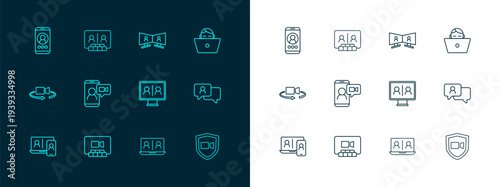 Set line Freelancer, Video chat conference, and icon. Vector