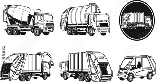 Utility and waste management trucks, cement mixer outline, garbage vehicle design, street cleaning figure, municipal transport silhouette illustration