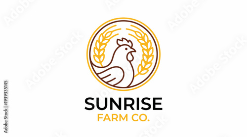 A charming logo for Sunrise Farm Co., featuring a rooster and wheat, symbolizing agriculture, community ties, and a warm, nostalgic connection to farm life and nature.