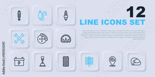 Set line Racing helmet, Car brake disk with caliper, traffic light, Wrench spanner, Gear shifter, muffler and tire wheel icon. Vector