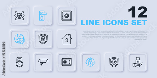 Set line Shield with check mark, Lock, security lock, world globe, Security camera, Fingerprint door and Safe icon. Vector