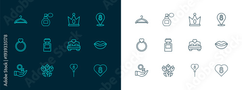 Set line 8 March, Flower tulip, Bedroom, Balloons with, Perfume, King crown, Hanger wardrobe and icon. Vector