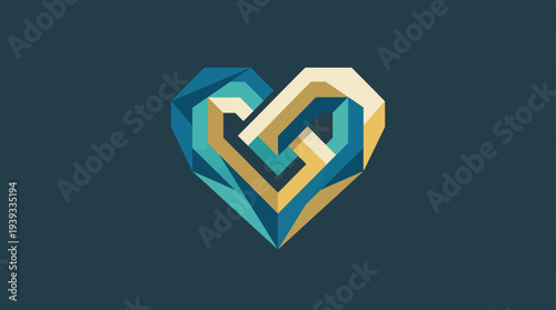 This abstract heart logo creatively blends geometric shapes in a visually appealing design, representing love, unity, and emotional connection for various themes.