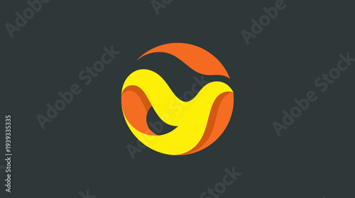 This image showcases a dynamic logo design featuring bold curves and a striking color palette of orange, yellow, and black, embodying creativity and modernity.