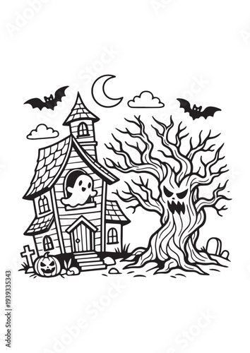 Spooky Haunted House with Ghost and Creepy Tree – Halloween Coloring Page Line Art for Kids