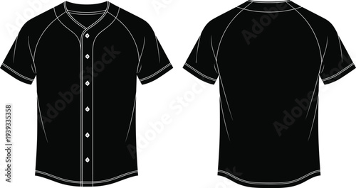 Black baseball jersey mockup silhouette showing front and back views with button down design isolated on a white background