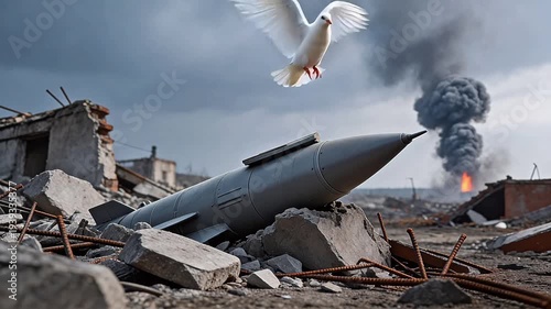 White Dove Perched on Missile Amidst War-Torn Ruins