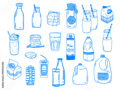 Milk in a paper bag, glass, plastic packaging and with a tube for children is a large set. Vector hand-drawn linear drawing of a drink in a cafe. Sketch illustration icon in Mediterranean blue line re