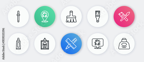 Set line Crossed ruler and pencil, Paint brush, Tube with paint palette, spray, Inkwell and Picture icon. Vector