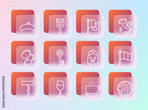 Set line Map of Italy, Wine glass, Roman army helmet, Coffee cup, Old key, Flag, French beret and Carnival mask icon. Vector