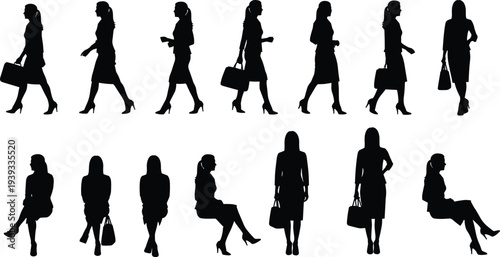 Collection of professional business woman silhouettes in office wear walking standing and sitting poses with handbags isolated on white