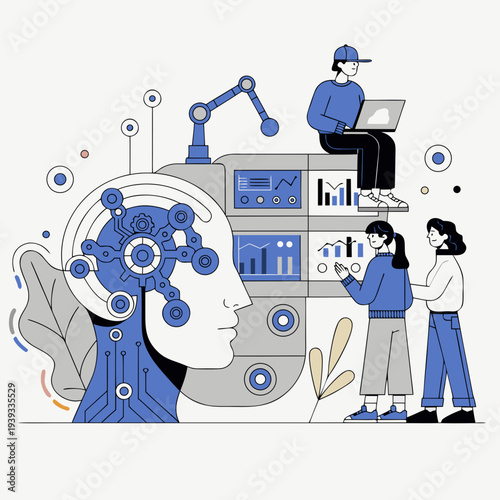 artificial intelligence analytics system illustration, machine learning data analysis and automation technology concept