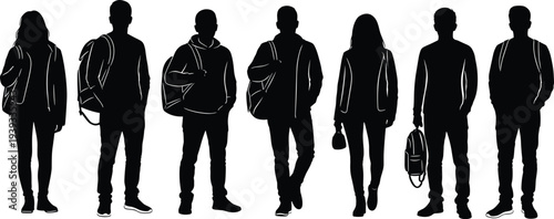 Collection of young male and female students silhouettes with backpacks standing and walking in casual clothes isolated on white background