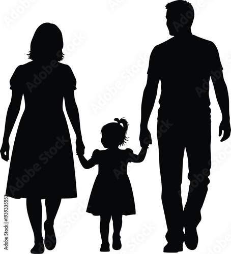 Full length black silhouette of a happy family with father mother and small daughter walking together holding hands isolated (