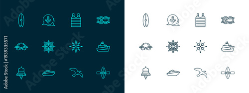 Set line Nautical rope knots, Speedboat, Wind rose, Bird seagull, Ship steering wheel, Striped sailor t-shirt, Surfboard and Anchor icon. Vector