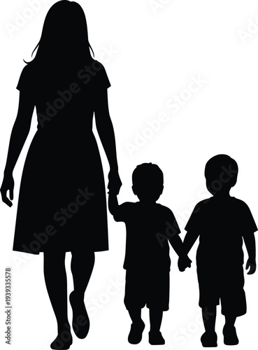 Full length black silhouette of a mother walking with her two small sons holding hands isolated on a white background