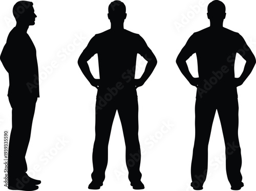 Full length black silhouettes of a man in a t-shirt standing in front side and back views with hands on hips