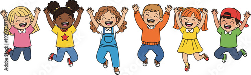 Set of happy diverse cartoon children jumping for joy alongside flat green tree icons and black spruce pine silhouettes.