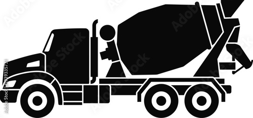 Minimal vector silhouette, cement mixer truck side view, construction vehicle icon, solid black, isolated on white background.