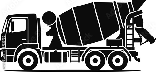 Minimal vector silhouette, cement mixer truck side view, construction vehicle icon, solid black, isolated on white background.