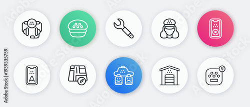 Set line Taxi service rating, mobile app, Infographic of city map, Garage for taxi car, driver, Wrench spanner, and Location icon. Vector