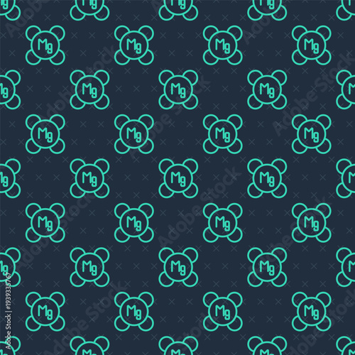 Green line Magnesium chemical element icon isolated on isolated seamless pattern on blue background. Vector