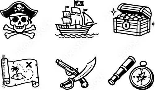 Pirate treasure adventure sea voyage icons