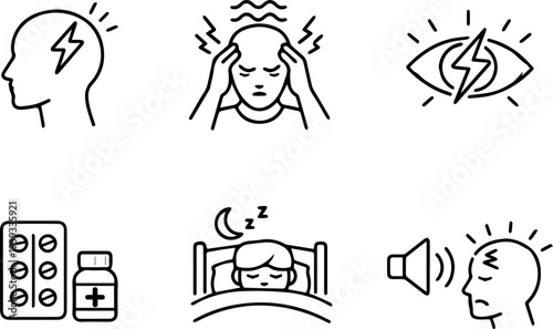 Migraine headache symptoms treatment icons