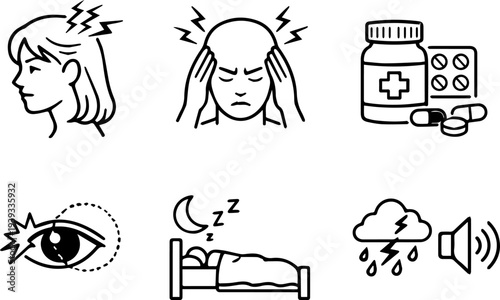 Migraine headache symptoms treatment icons. Vector