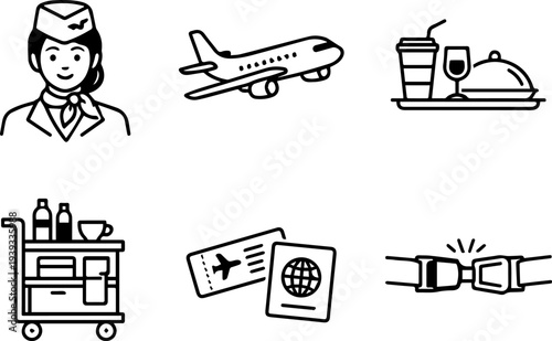 Flight attendant aviation travel service icons. Vector