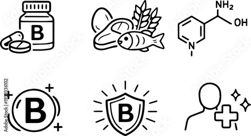 Vitamin B nutrition health supplement line icons. Vector