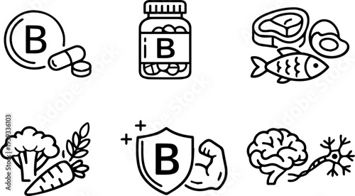 Vitamin B nutrition health supplement line icons