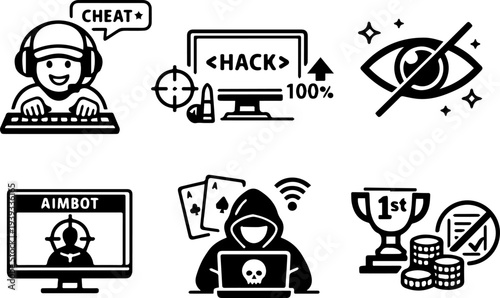 Gaming cheat hacking cyber fraud line icons. Vector