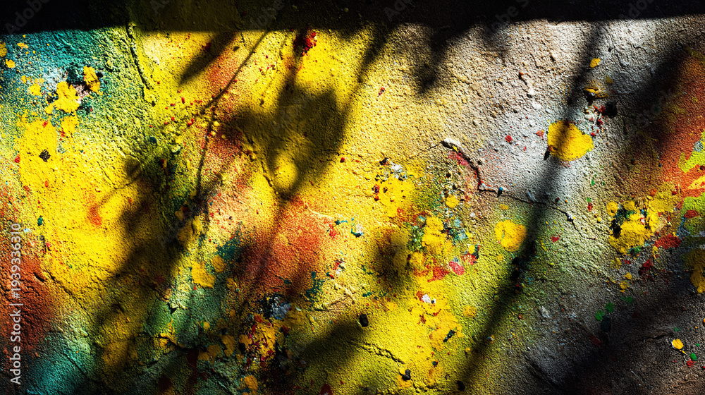 Fototapeta premium Urban wall adorned with vibrant paint splatters, embodying abstract street art energy. 